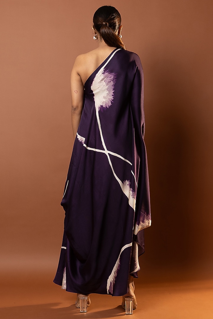 Violet Satin Abstract Printed One Shoulder Drape Summer Dress by Vedika M at Pernia's Pop Up Shop
