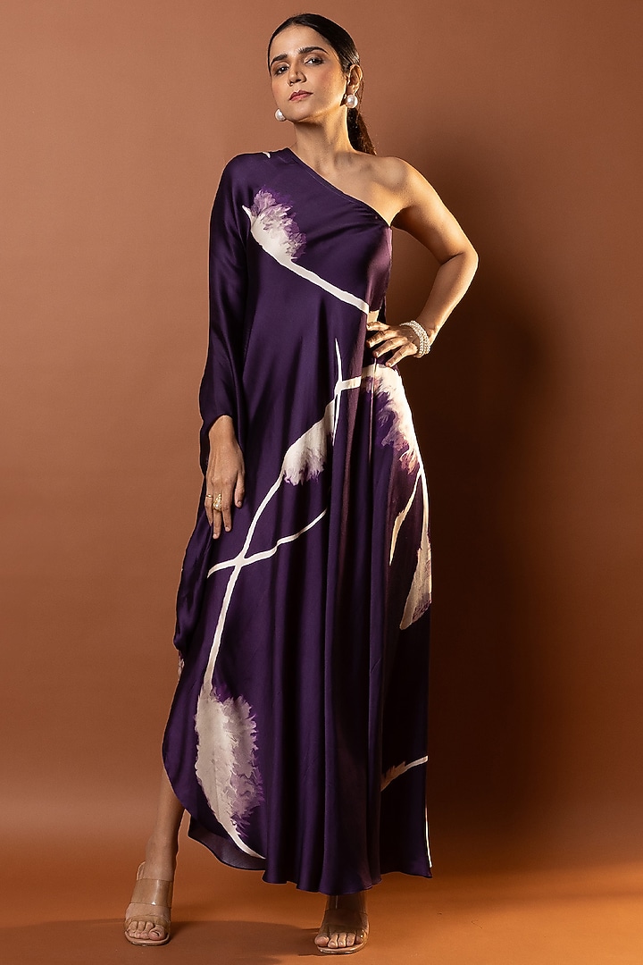 Violet Satin Abstract Printed One Shoulder Drape Summer Dress by Vedika M at Pernia's Pop Up Shop