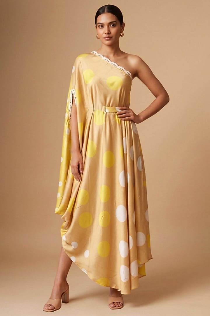 Yellow Satin Polka Dot Printed One-Shoulder Draped Summer Dress by Vedika M at Pernia's Pop Up Shop
