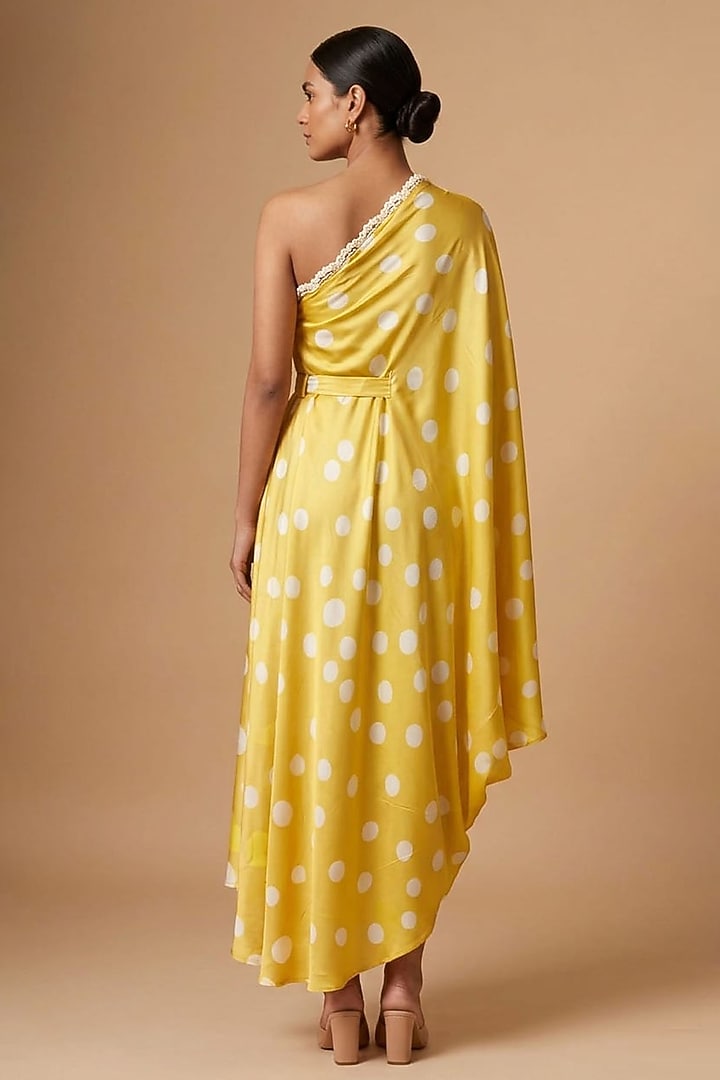 Yellow Satin Polka Dot Printed One-Shoulder Draped Summer Dress by Vedika M at Pernia's Pop Up Shop