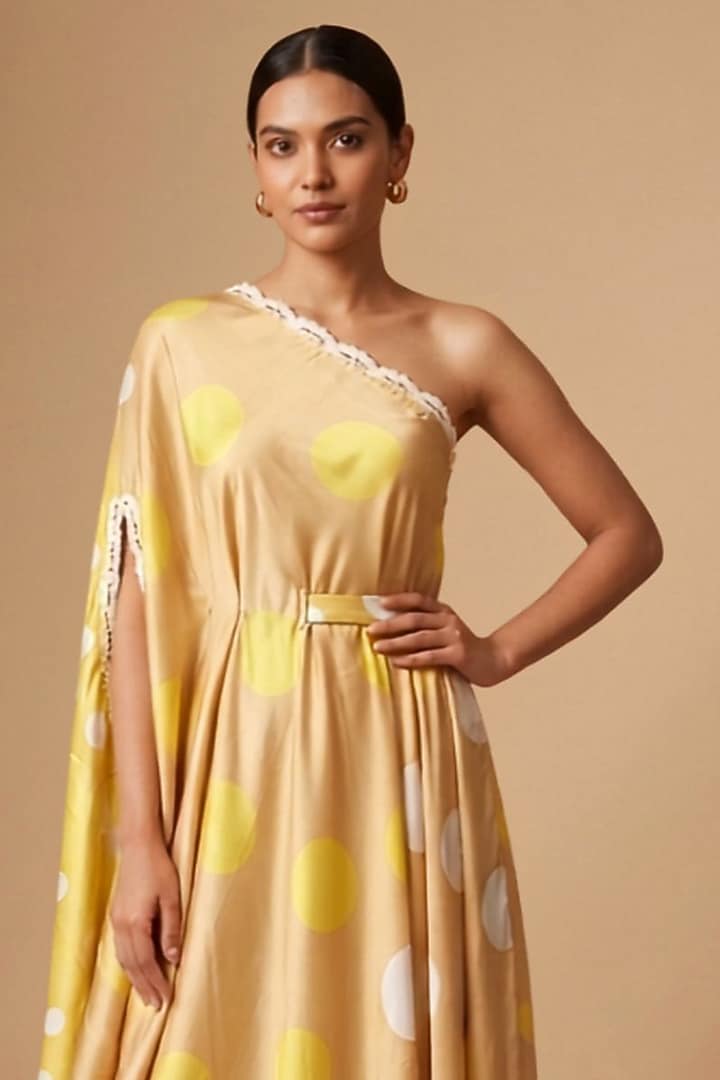 Yellow Satin Polka Dot Printed One-Shoulder Draped Summer Dress by Vedika M at Pernia's Pop Up Shop