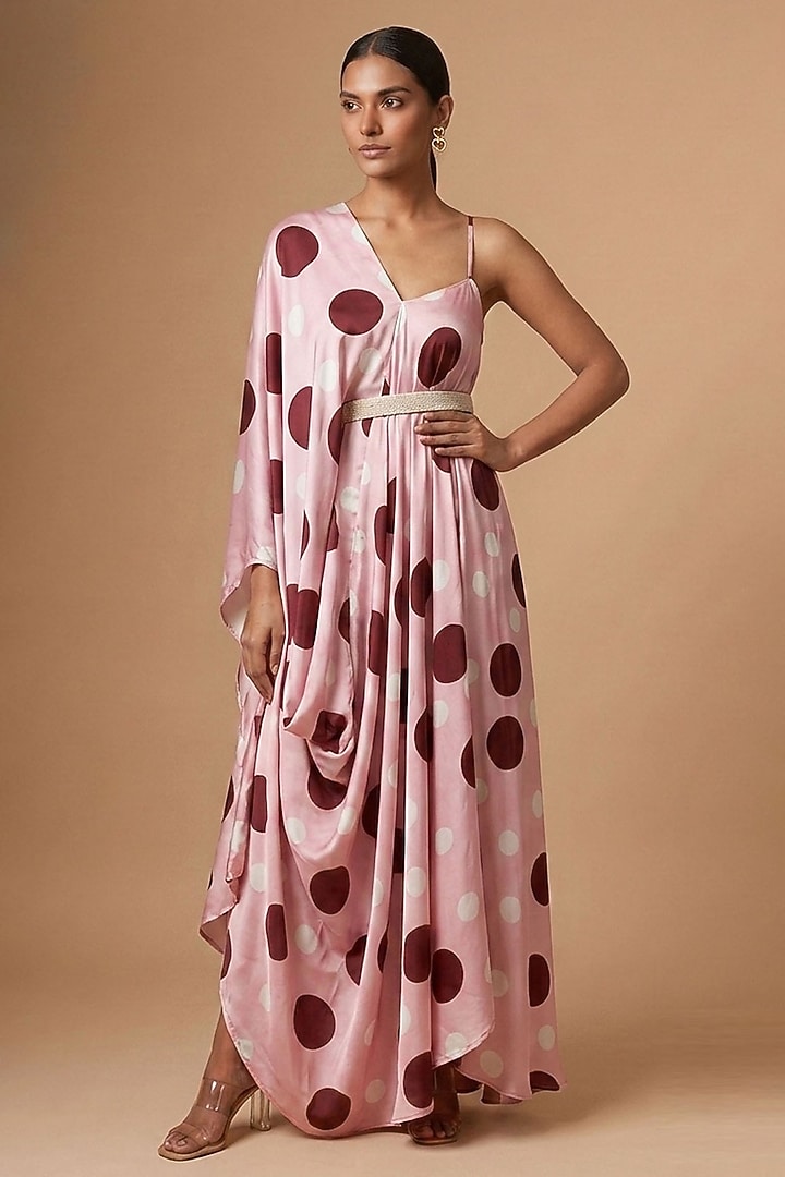 Pink Satin Polka Dot Printed Asymmetric Draped Vacation Dress by Vedika M at Pernia's Pop Up Shop
