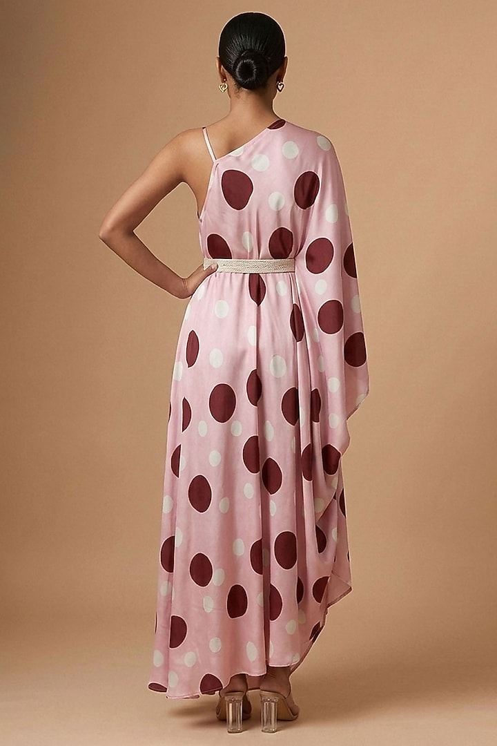Pink Satin Polka Dot Printed Asymmetric Draped Vacation Dress by Vedika M at Pernia's Pop Up Shop