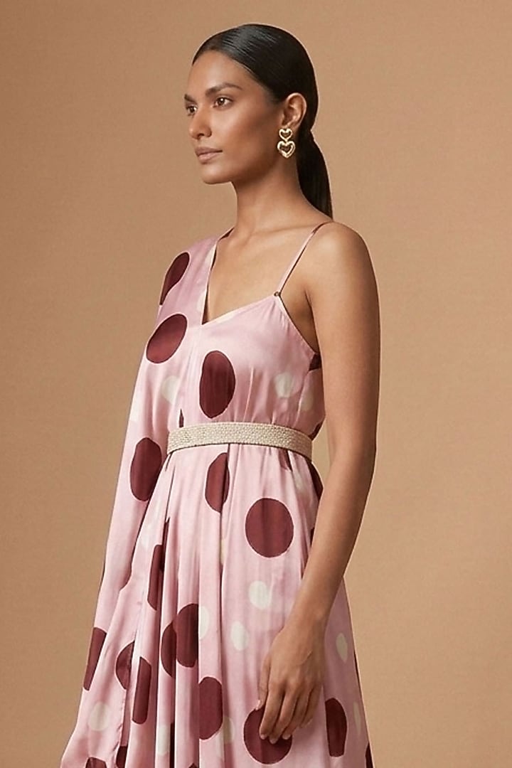 Pink Satin Polka Dot Printed Asymmetric Draped Vacation Dress by Vedika M at Pernia's Pop Up Shop