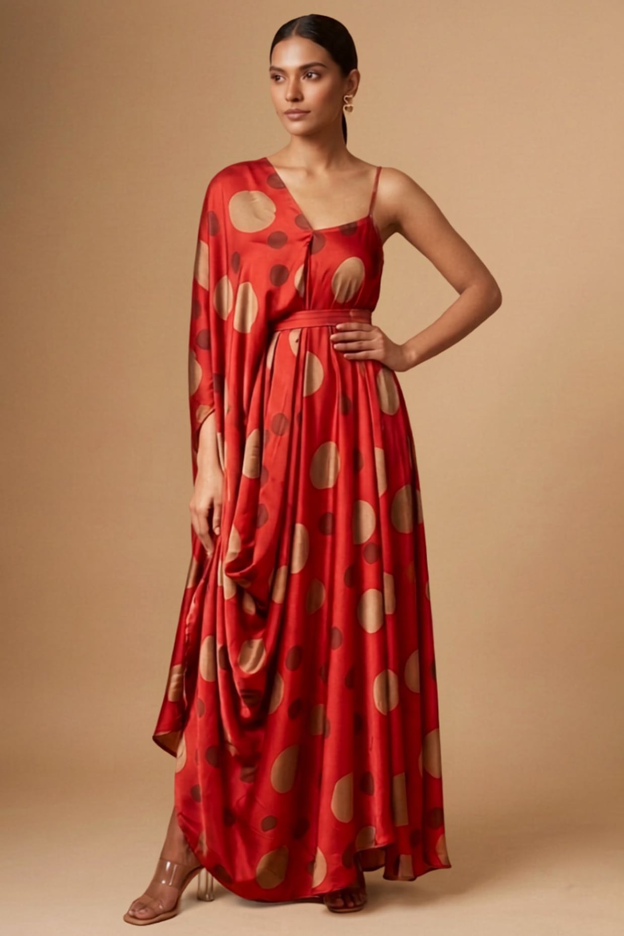 Vedika M Red Satin Polka Dot Printed Asymmetric Draped Dress