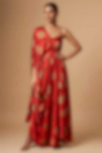 Red Satin Polka Dot Printed Asymmetric Draped Vacation Dress by Vedika M at Pernia's Pop Up Shop