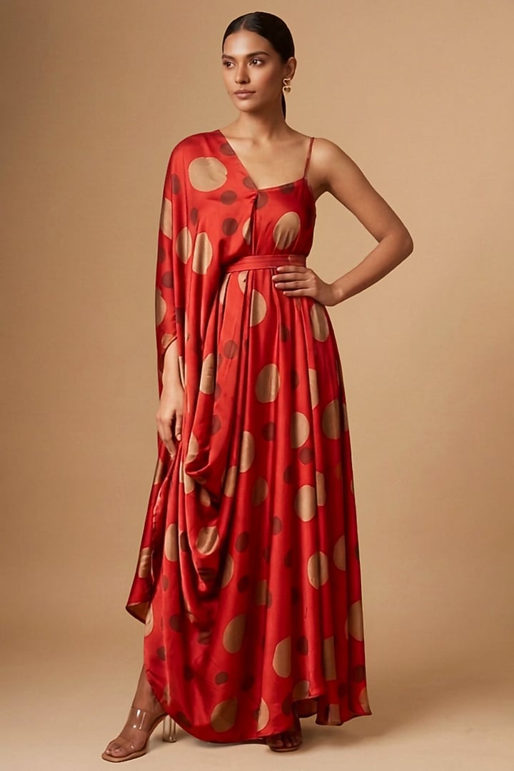 Red Satin Polka Dot Printed Asymmetric Draped Vacation Dress by Vedika M at Pernia's Pop Up Shop