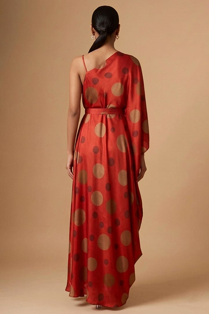 Red Satin Polka Dot Printed Asymmetric Draped Vacation Dress by Vedika M at Pernia's Pop Up Shop