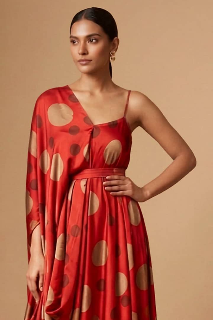 Red Satin Polka Dot Printed Asymmetric Draped Vacation Dress by Vedika M at Pernia's Pop Up Shop
