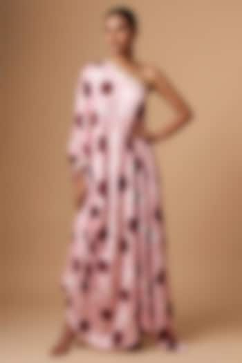 Pink Satin Polka Dot Printed One-Shoulder Draped Vacation Dress by Vedika M at Pernia's Pop Up Shop