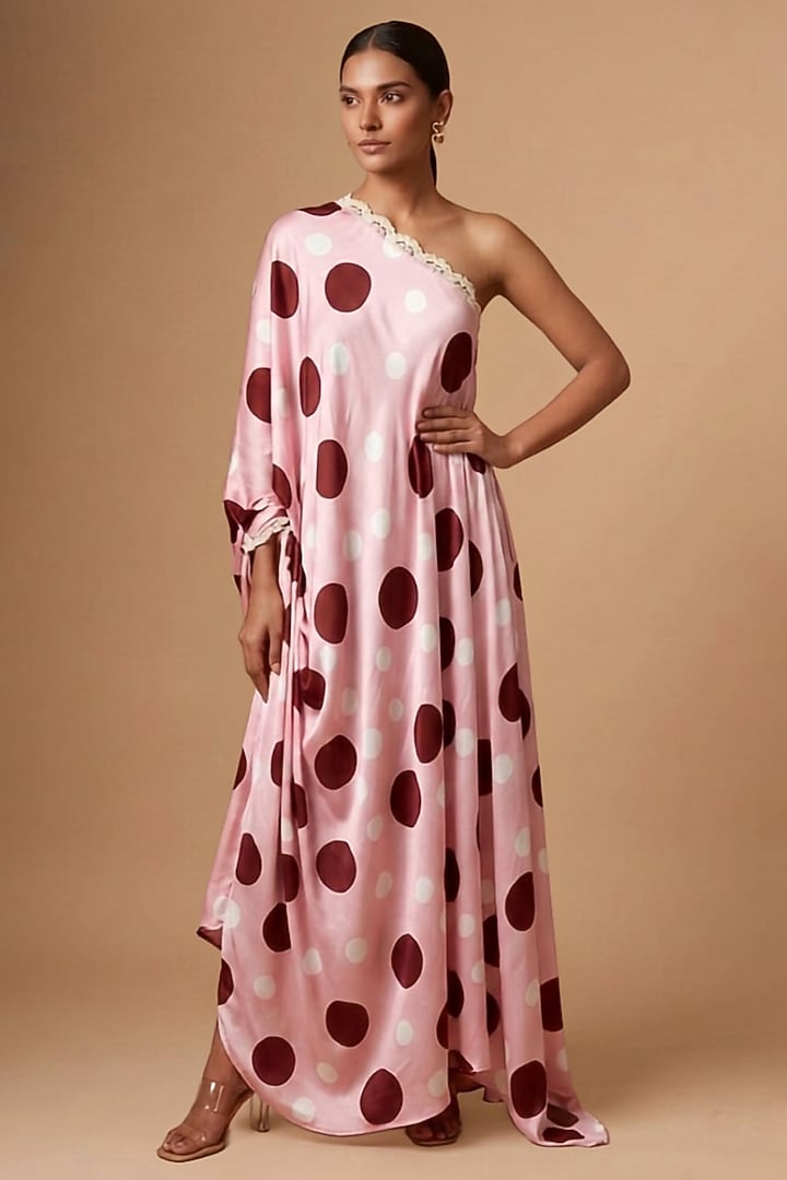 Pink Satin Polka Dot Printed One-Shoulder Draped Vacation Dress by Vedika M at Pernia's Pop Up Shop