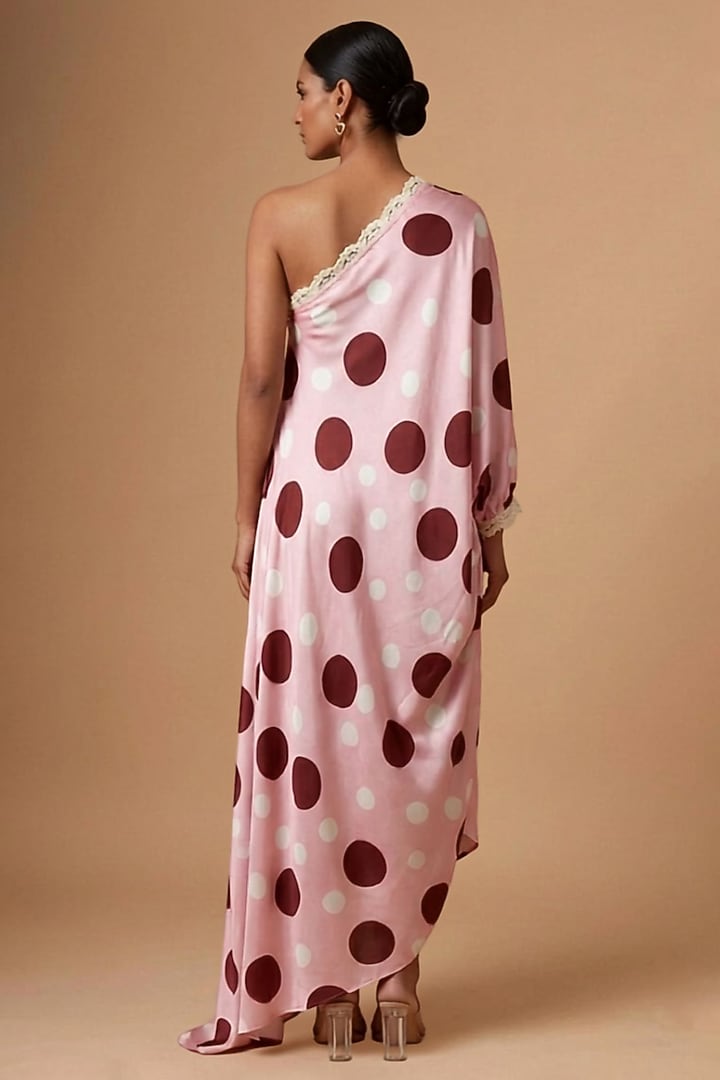 Pink Satin Polka Dot Printed One-Shoulder Draped Vacation Dress by Vedika M at Pernia's Pop Up Shop