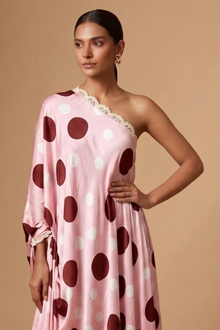 Pink Satin Polka Dot Printed One-Shoulder Draped Vacation Dress by Vedika M at Pernia's Pop Up Shop