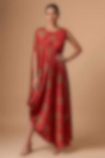 Red Satin Polka Dot Printed Draped Vacation Dress by Vedika M at Pernia's Pop Up Shop
