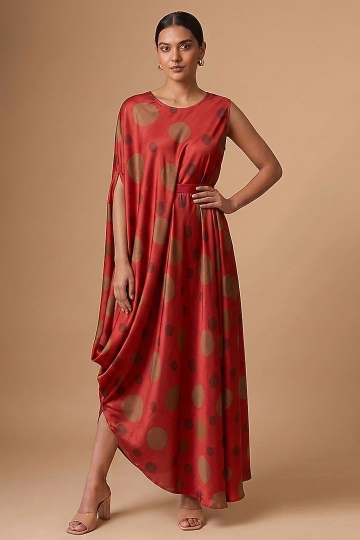 Red Satin Polka Dot Printed Draped Vacation Dress by Vedika M at Pernia's Pop Up Shop
