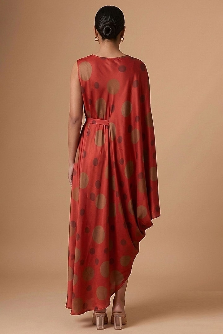 Red Satin Polka Dot Printed Draped Vacation Dress by Vedika M at Pernia's Pop Up Shop