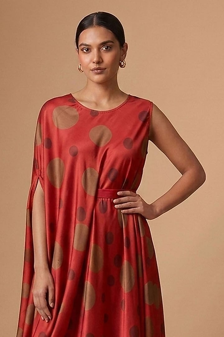 Red Satin Polka Dot Printed Draped Vacation Dress by Vedika M at Pernia's Pop Up Shop
