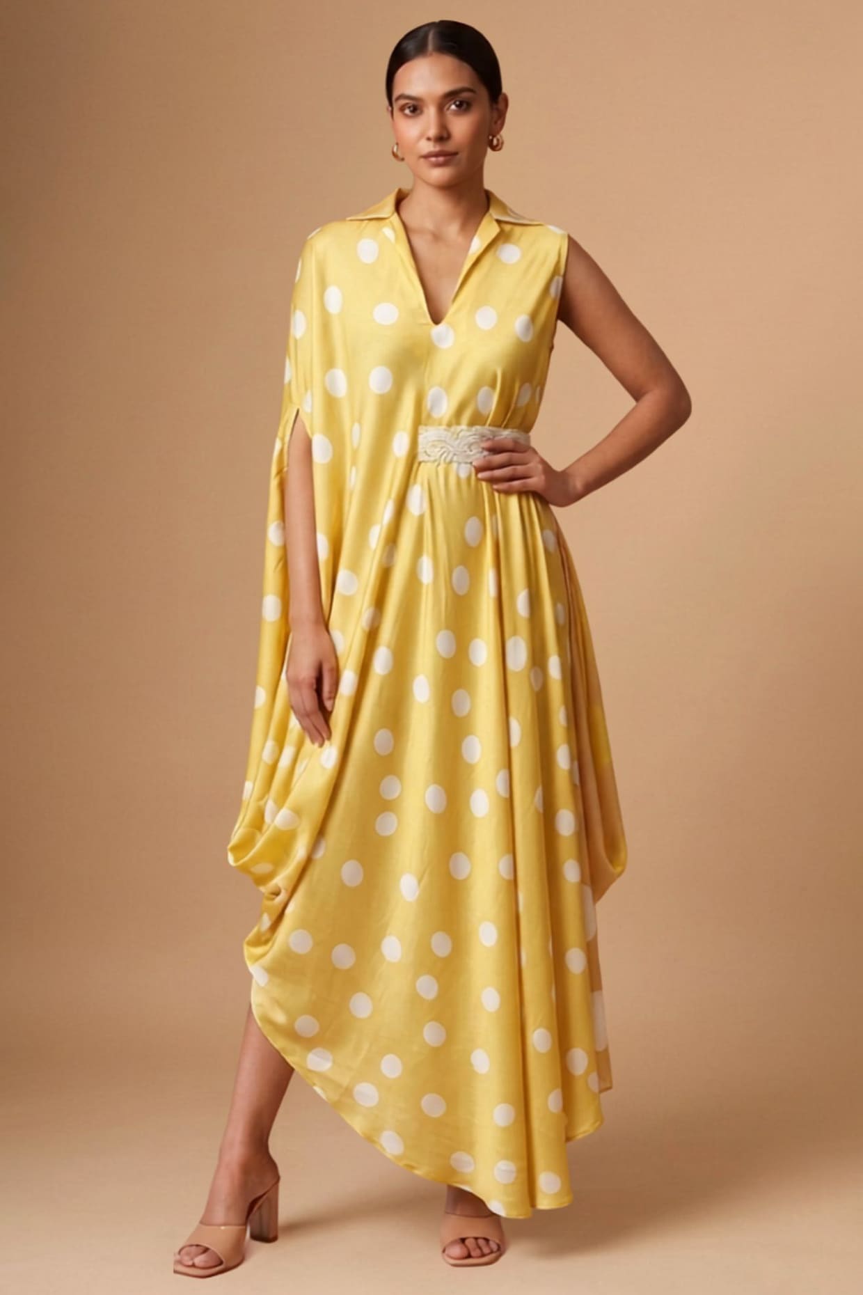 Vedika M Yellow Satin Polka Dot Printed Draped Dress