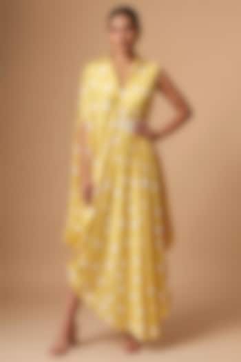 Yellow Satin Polka Dot Printed Draped Vacation Dress by Vedika M at Pernia's Pop Up Shop