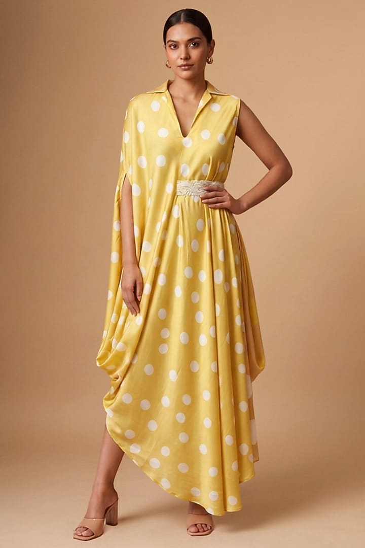 Yellow Satin Polka Dot Printed Draped Vacation Dress by Vedika M at Pernia's Pop Up Shop