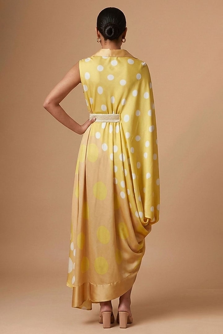 Yellow Satin Polka Dot Printed Draped Vacation Dress by Vedika M at Pernia's Pop Up Shop