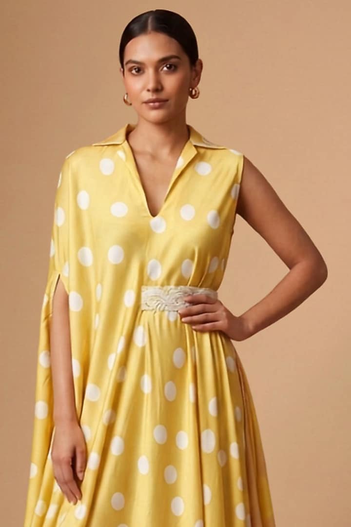 Yellow Satin Polka Dot Printed Draped Vacation Dress by Vedika M at Pernia's Pop Up Shop