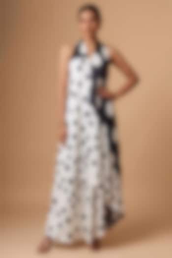 Black & White Satin Polka Dot Printed Scarf-Style Draped Vacation Dress by Vedika M at Pernia's Pop Up Shop