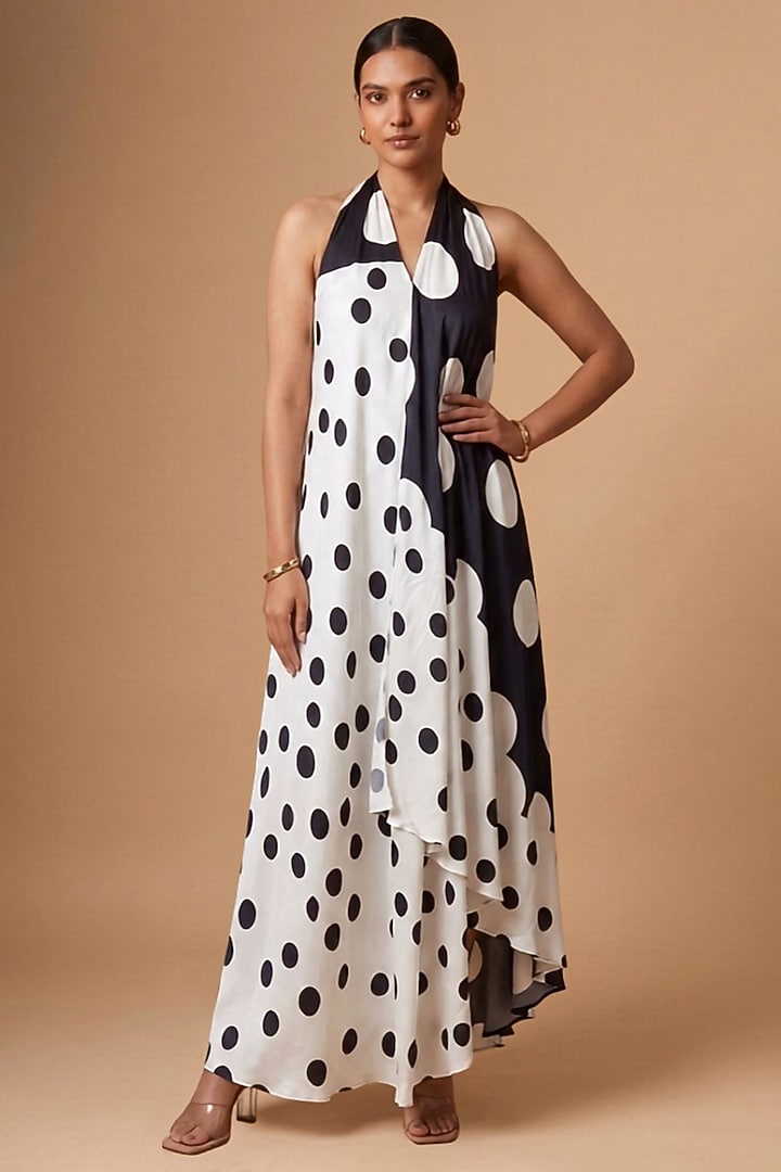 Black & White Satin Polka Dot Printed Scarf-Style Draped Vacation Dress by Vedika M at Pernia's Pop Up Shop