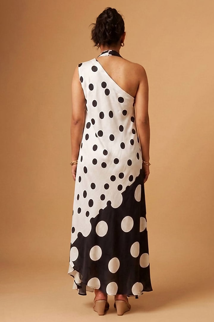 Black & White Satin Polka Dot Printed Scarf-Style Draped Vacation Dress by Vedika M at Pernia's Pop Up Shop