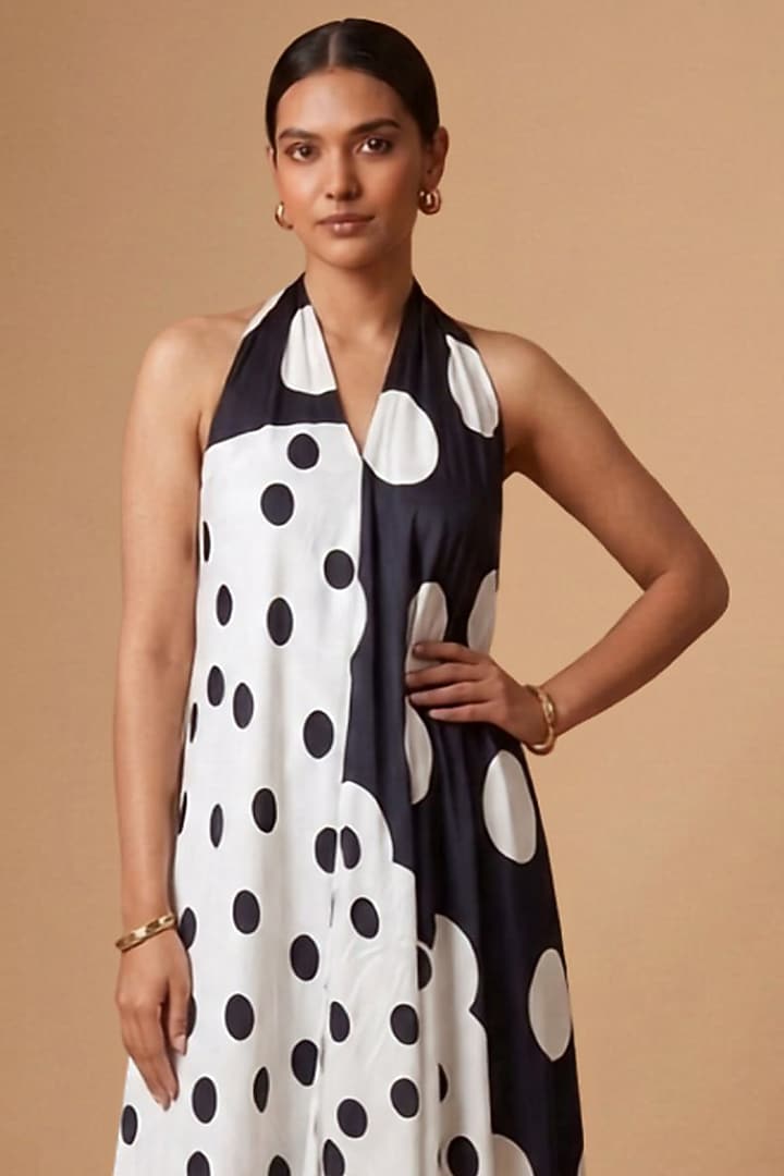 Black & White Satin Polka Dot Printed Scarf-Style Draped Vacation Dress by Vedika M at Pernia's Pop Up Shop