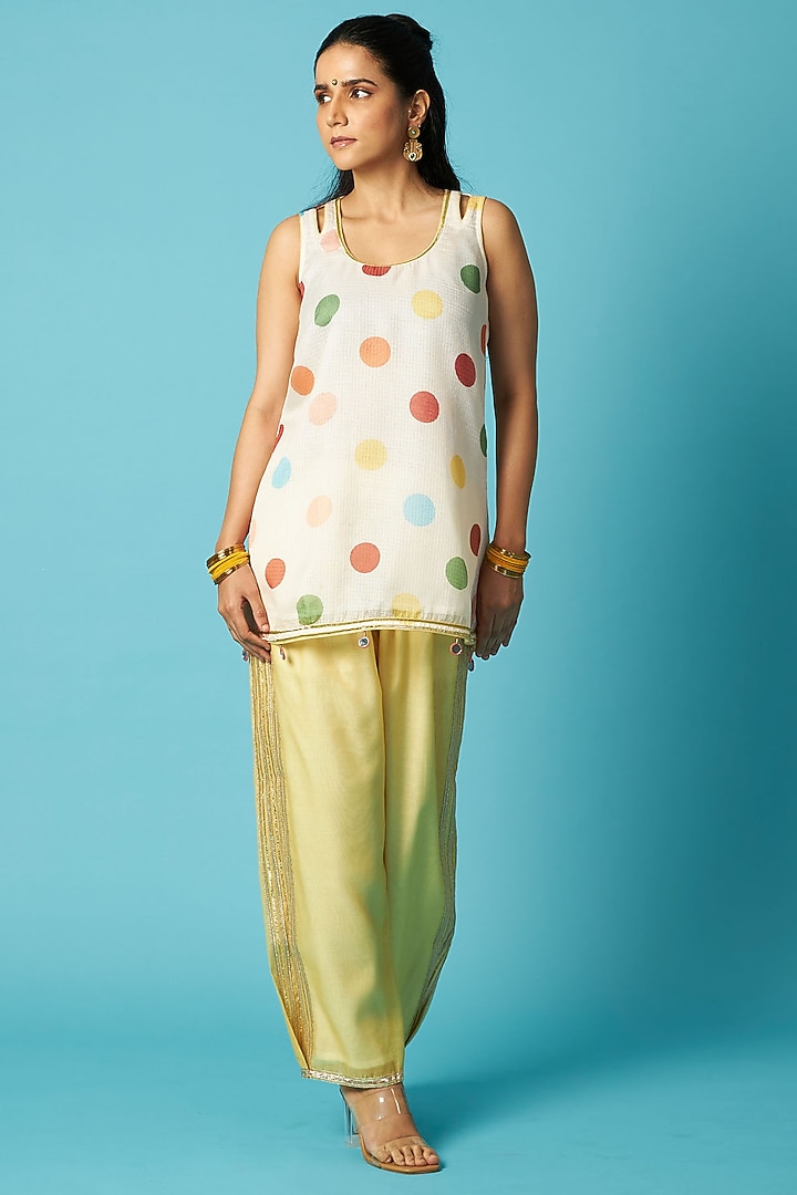 Ivory Kota Checks Polka Dot Printed Kurta Set by Vedika M at Pernia's Pop Up Shop