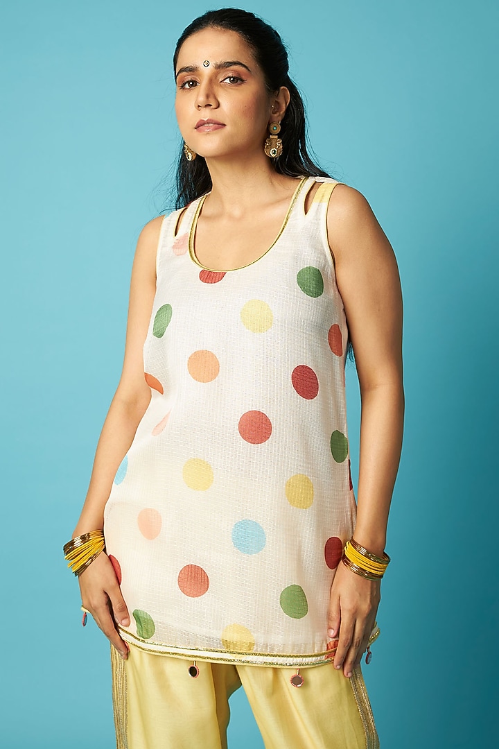 Ivory Kota Checks Polka Dot Printed Kurta Set by Vedika M at Pernia's Pop Up Shop