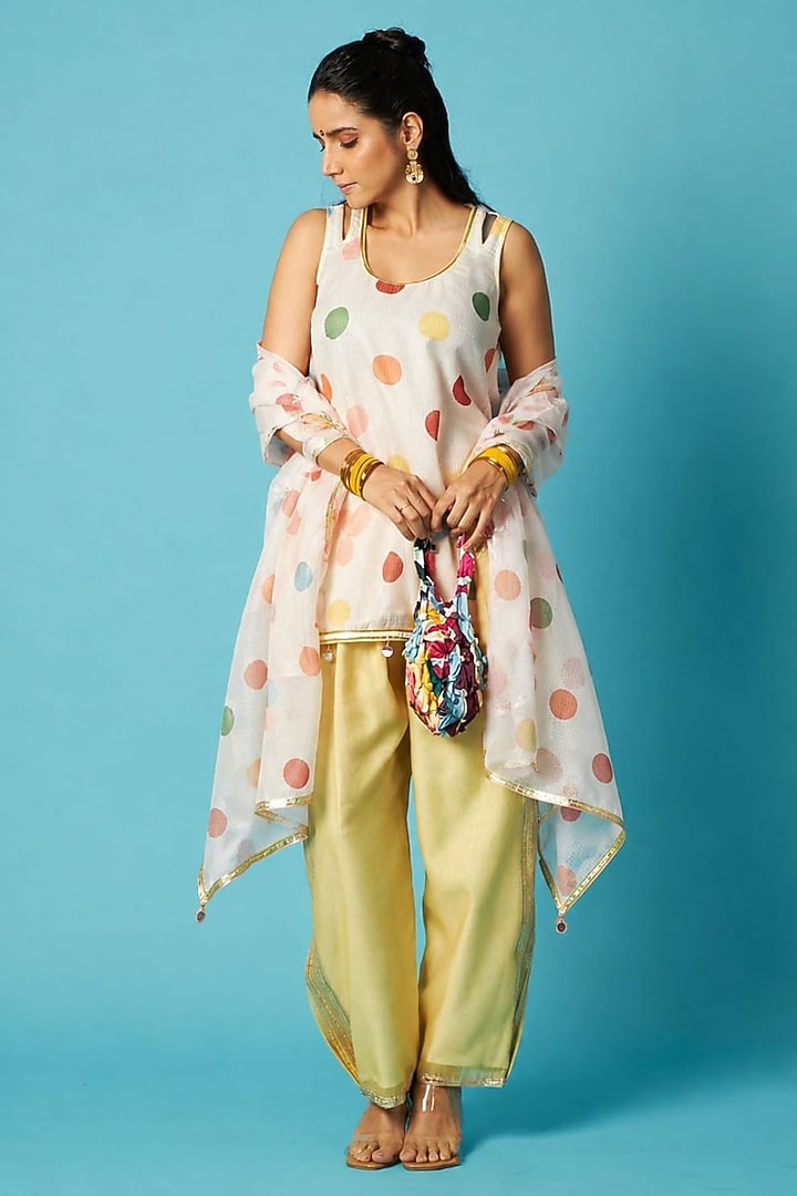 Ivory Kota Checks Polka Dot Printed Kurta Set by Vedika M at Pernia's Pop Up Shop