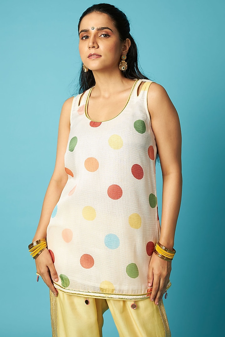 Ivory Kota Checks Polka Dot Printed Kurta Set by Vedika M at Pernia's Pop Up Shop