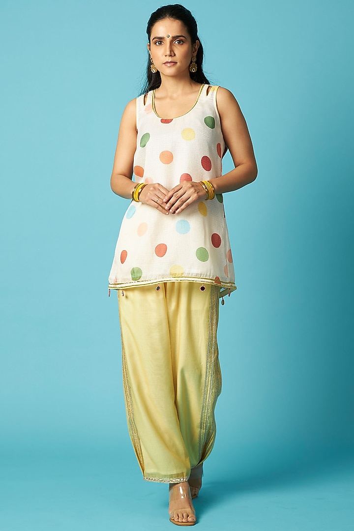 Ivory Kota Checks Polka Dot Printed Kurta Set by Vedika M at Pernia's Pop Up Shop