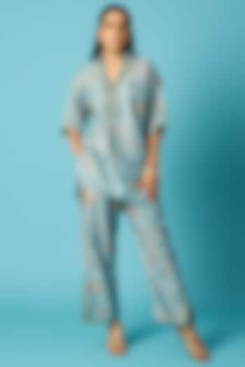 Blue Chanderi Jamdani Printed Short Kurta Set by Vedika M at Pernia's Pop Up Shop