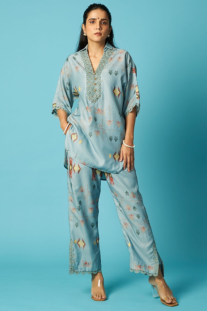 Blue Chanderi Jamdani Printed Short Kurta Set by Vedika M at Pernia's Pop Up Shop