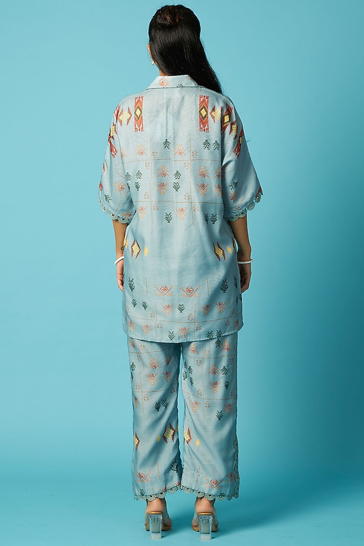 Blue Chanderi Jamdani Printed Short Kurta Set by Vedika M at Pernia's Pop Up Shop