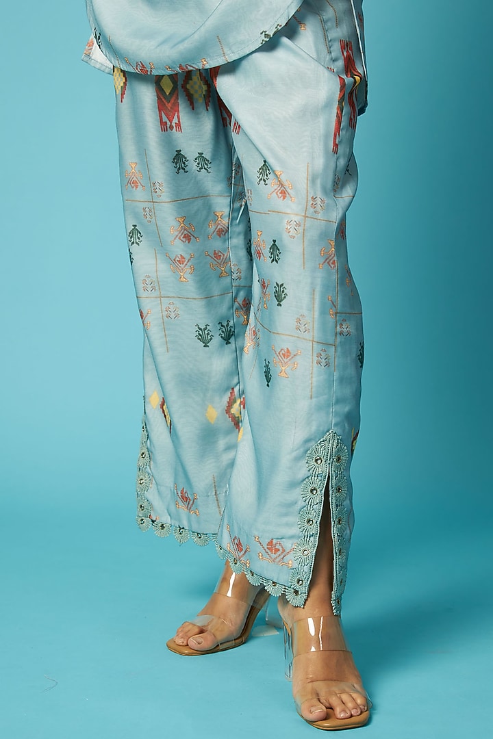 Blue Chanderi Jamdani Printed Short Kurta Set by Vedika M at Pernia's Pop Up Shop