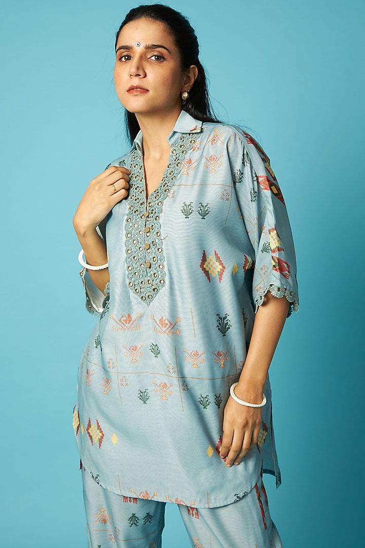 Blue Chanderi Jamdani Printed Short Kurta Set by Vedika M at Pernia's Pop Up Shop