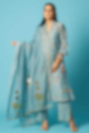 Blue Chanderi Eyelet Embroidered Kurta Set by Vedika M at Pernia's Pop Up Shop