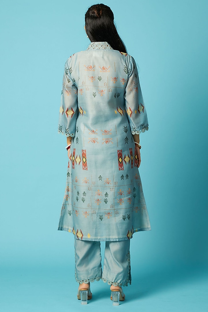 Blue Chanderi Eyelet Embroidered Kurta Set by Vedika M at Pernia's Pop Up Shop