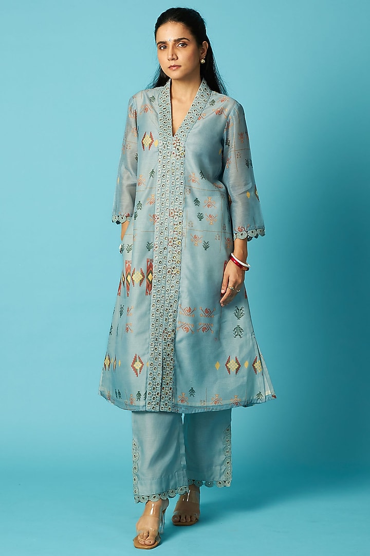 Blue Chanderi Eyelet Embroidered Kurta Set by Vedika M at Pernia's Pop Up Shop