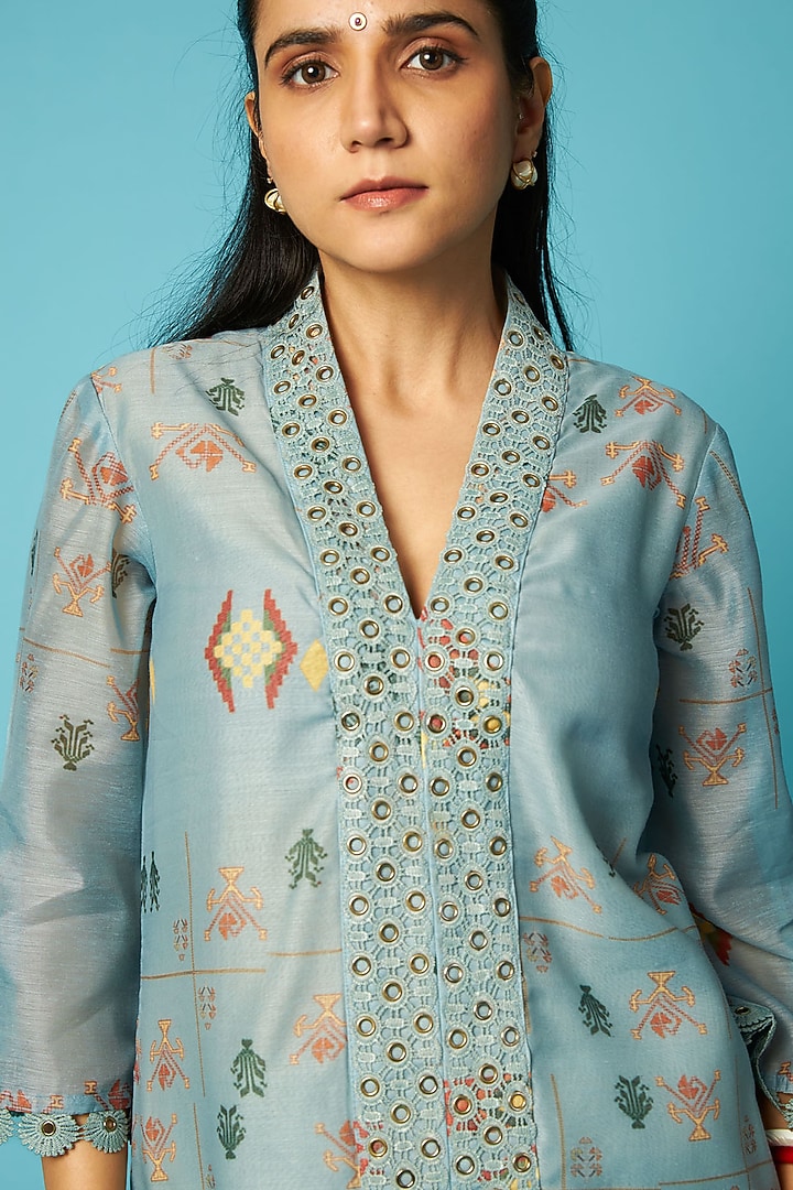 Blue Chanderi Eyelet Embroidered Kurta Set by Vedika M at Pernia's Pop Up Shop