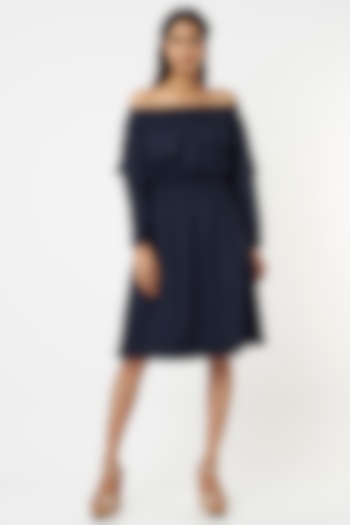 Blue Cotton Off-Shoulder Dress by Veera Wear