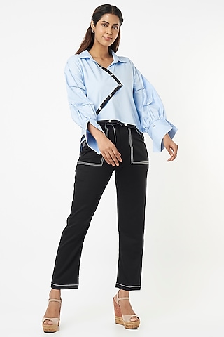 Sky Blue Cotton Asymmetrical Shirt by Veera Wear