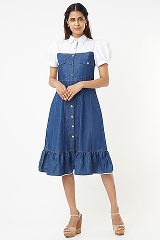 White & Blue Denim Dress by Veera Wear