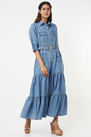 Sky Blue Dress In Denim by Veera Wear