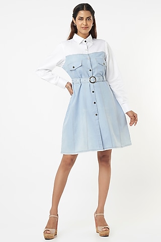White & Blue Cotton Dress by Veera Wear