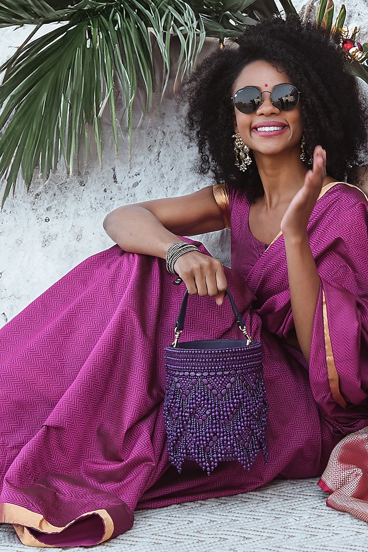 Purple Satin & Leather Embellished Bucket Bag by Versuhz